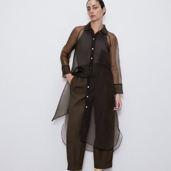 Zara Tops Zara Long Organza Shirtbrown9479253size S Poshmark